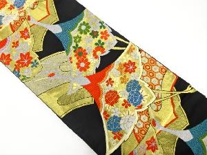 アンティーク　鶴に花古典柄模様織り出し袋帯(着用可)